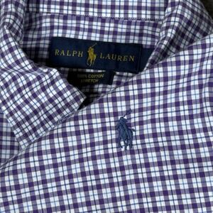 Ralph Lauren Stretch Cotton Shirt Mens Medium Purple Plaid Long Sleeve Button Up